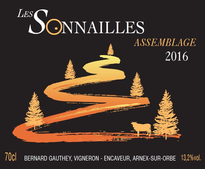 L'étiquette de l'assemblage Les Sonnailles 2016, pour Bernard Gauthey, vigneron-encaveur à Arnex-sur-Orbe.