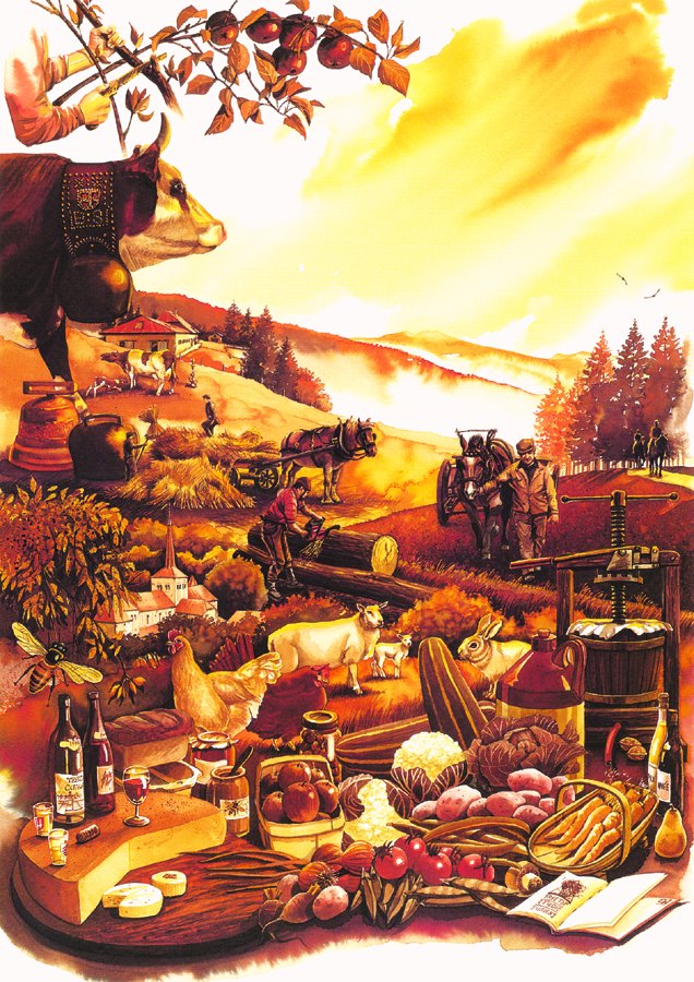 La première affiche. Tout le Vallon dans un camaïeu d'ocre : la vache et sa sonnaille, le pressoir, la moisson, et la table des produits du pays.