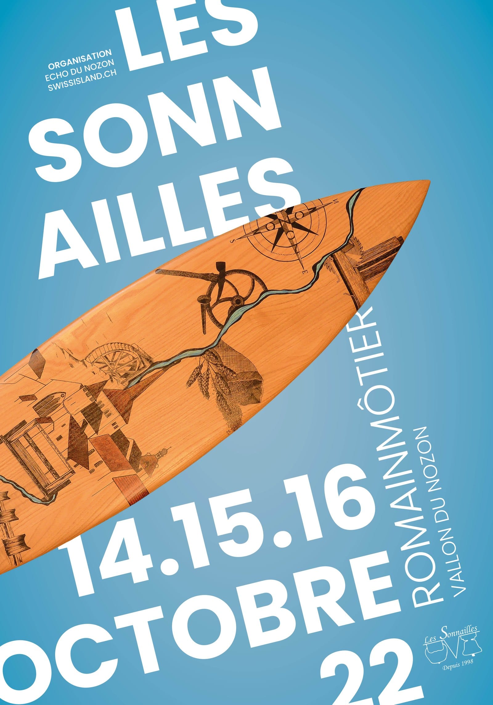 Le retour, après deux ans sans fête. Une planche du Nozon gravée : le moulin, la scie, la rivière et la rose des vents, sur ciel bleu.