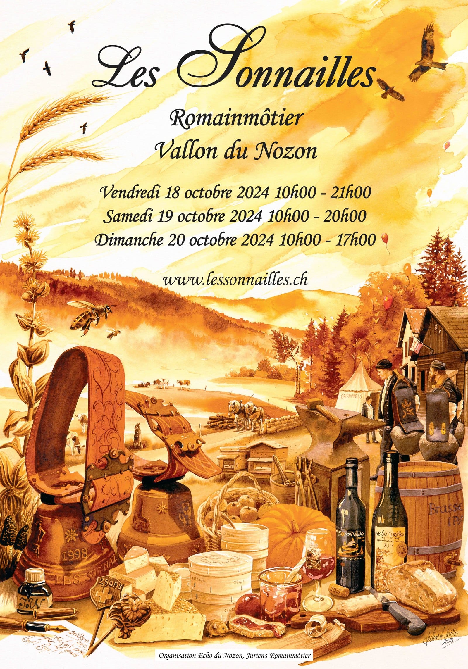 Retour à l'aquarelle et à la table d'automne, la cloche de 1998 au premier plan. Le visuel est repris tel quel pour l'édition 2025.