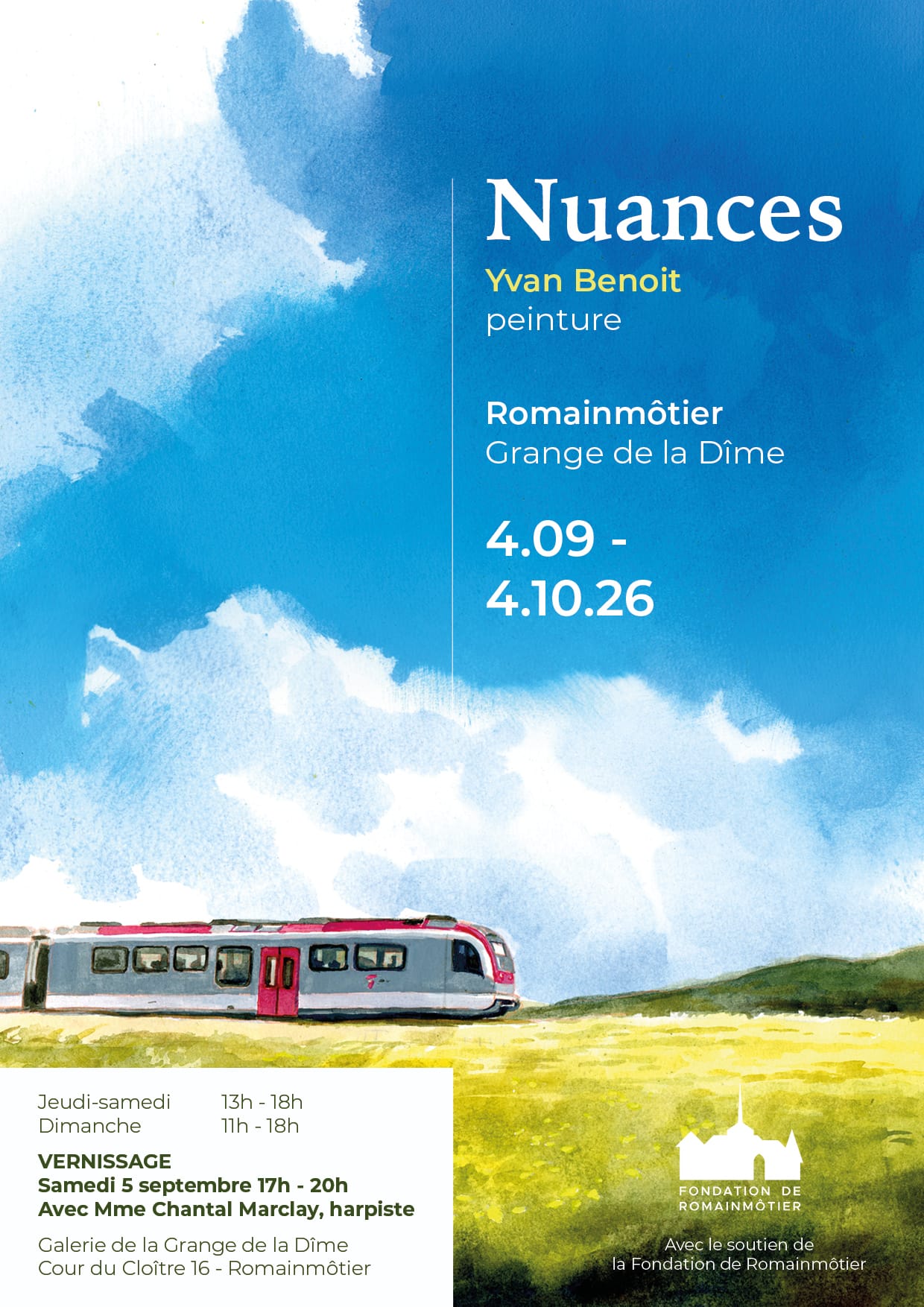 L'affiche de l'exposition Nuances : un train régional sous un grand ciel d'aquarelle