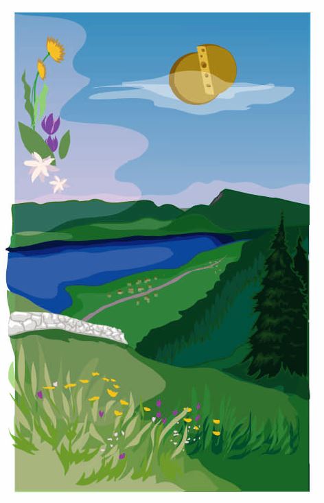 La Vallée de Joux vue d'en haut, le lac, les gentianes et le soleil en forme de meule